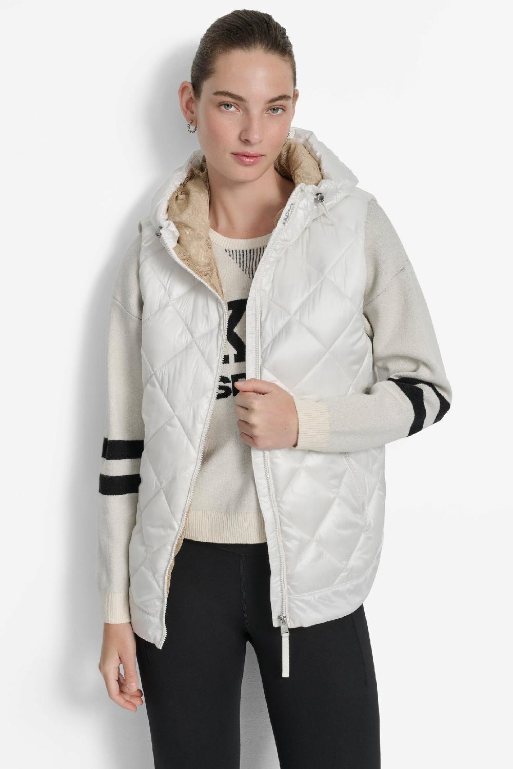 dkny QUILTED HOODED VEST METALLIC IVORY/ TRAVERTINE MESH