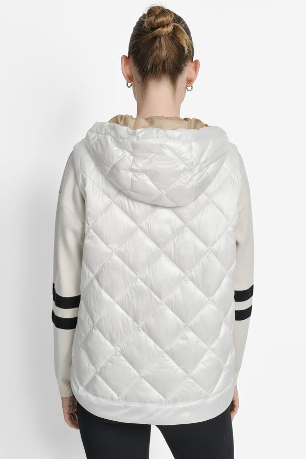 Dkny QUILTED HOODED VEST METALLIC IVORY/ TRAVERTINE MESH