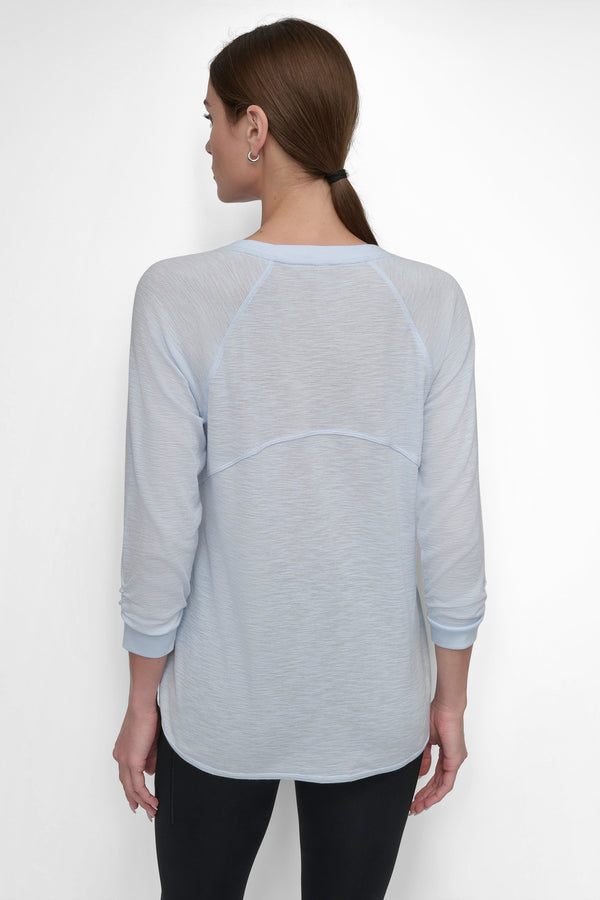 Dkny RUCHED 3/4-SLEEVE SLUB WAFFLE-KNIT TEE SKYWAY BLUE