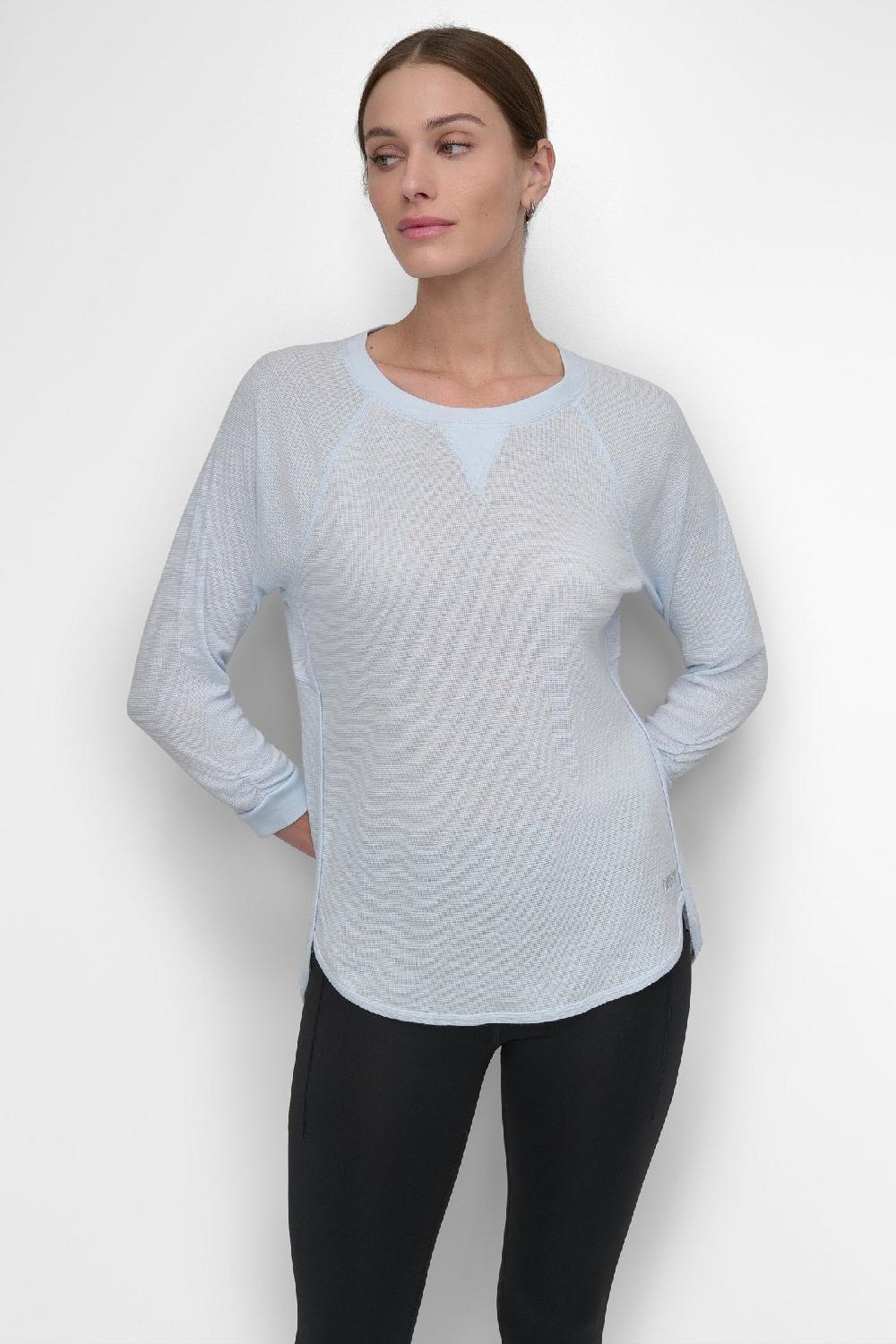 dkny RUCHED 3/4-SLEEVE SLUB WAFFLE-KNIT TEE SKYWAY BLUE