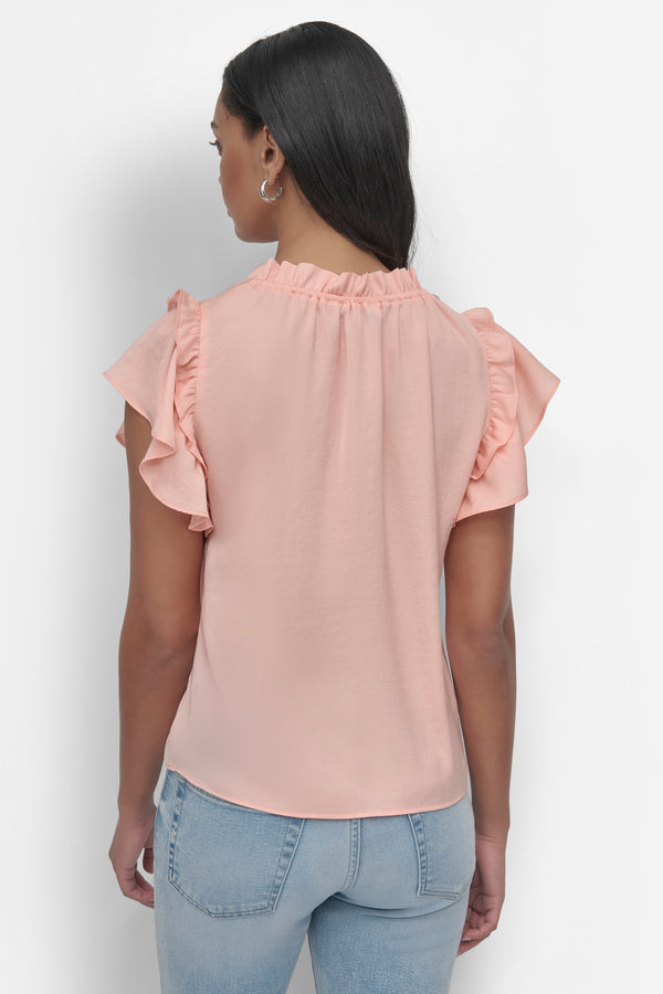 Dkny RUFFLE NECK TOP WITH FLUTTER SLEEVES TROPICAL PEACH
