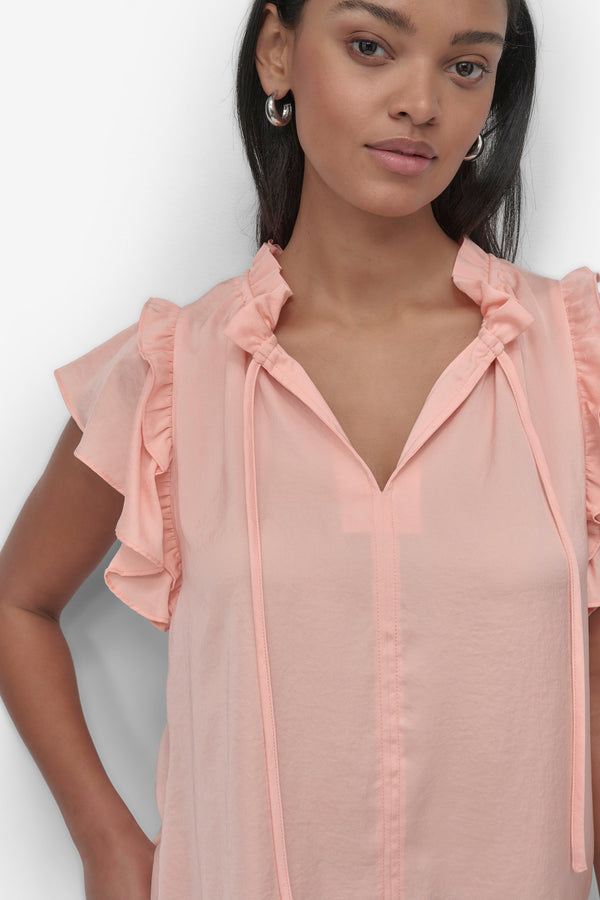 Dkny RUFFLE NECK TOP WITH FLUTTER SLEEVES TROPICAL PEACH