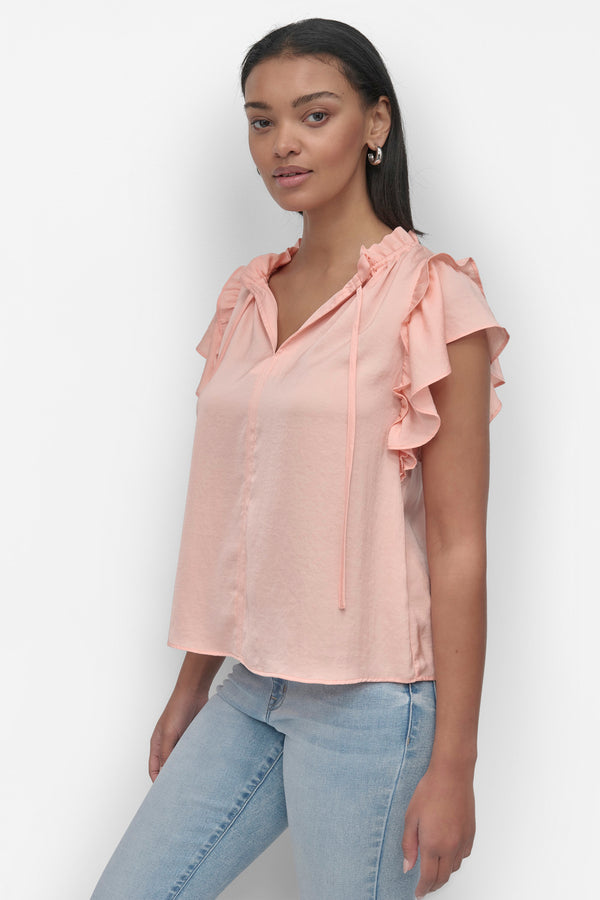 Dkny RUFFLE NECK TOP WITH FLUTTER SLEEVES TROPICAL PEACH