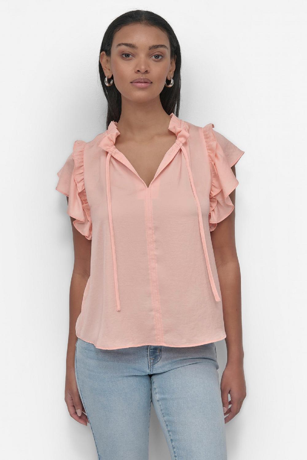dkny RUFFLE NECK TOP WITH FLUTTER SLEEVES TROPICAL PEACH