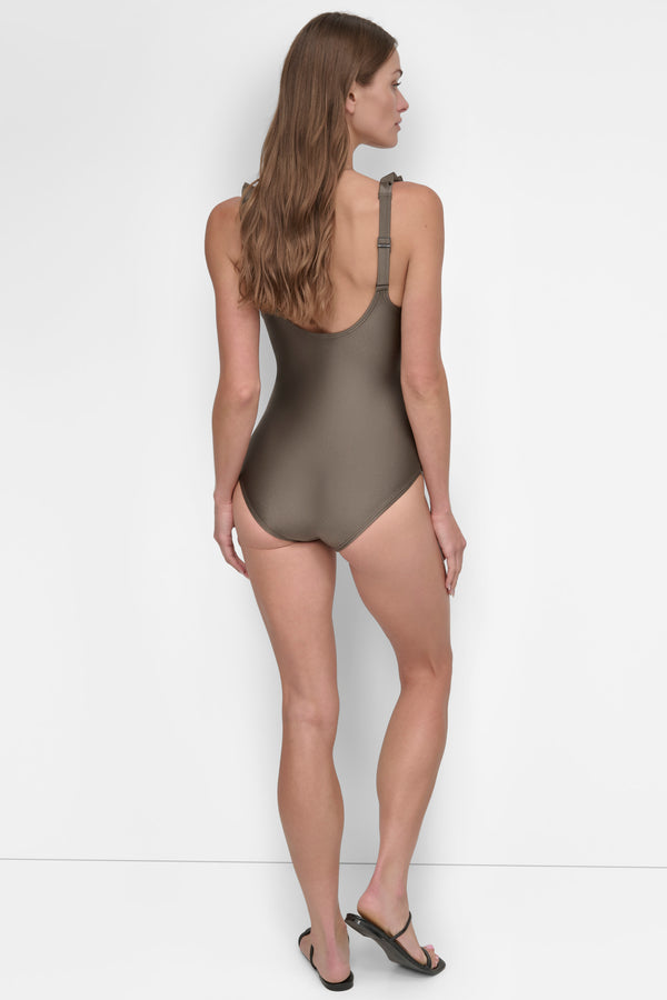Dkny RUFFLED PLUNGE V-NECK ONE PIECE BRONZE SHIMMER