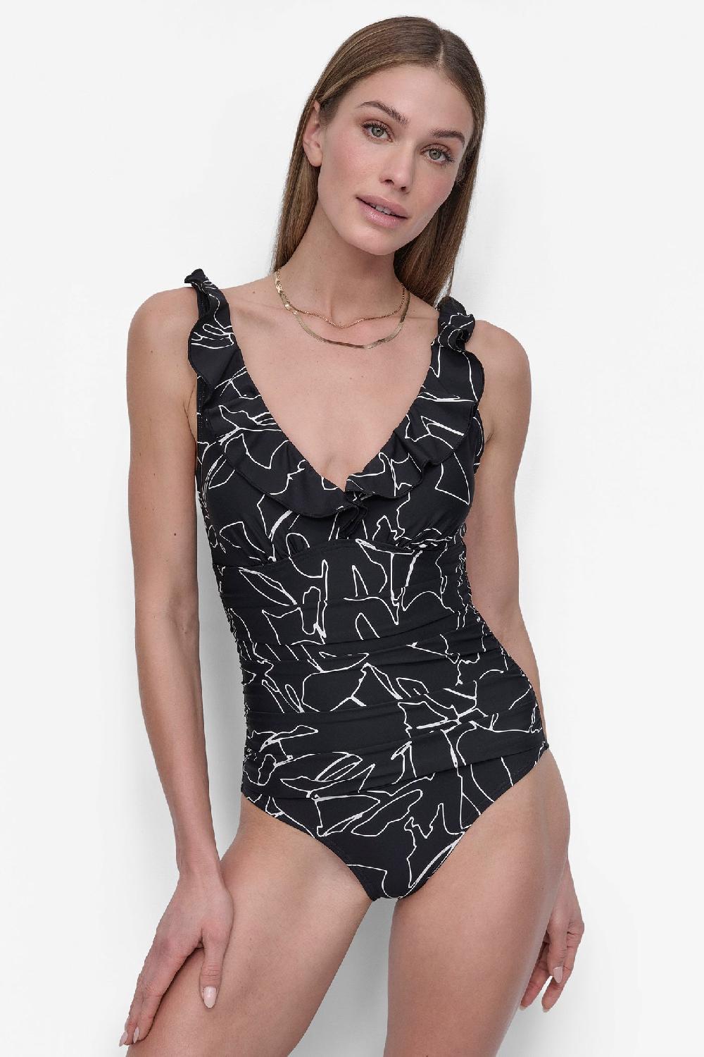 dkny RUFFLED PLUNGE V-NECK ONE PIECE JUMBO OUTLINED FLORAL