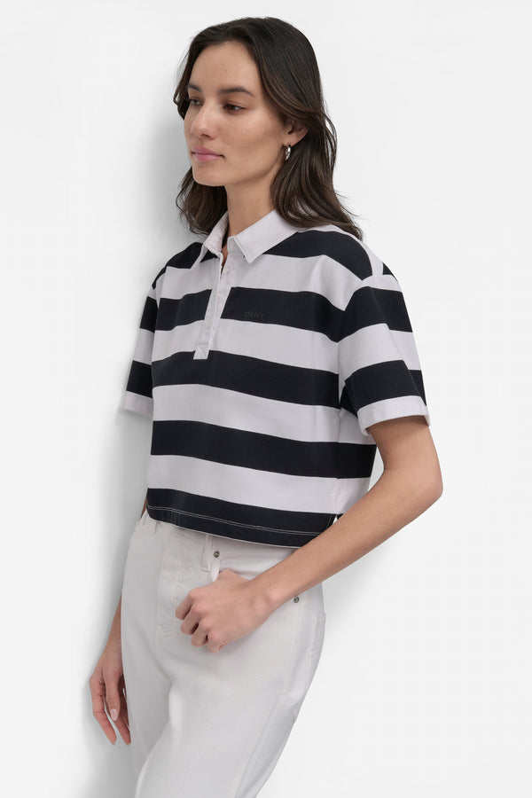 Dkny RUGBY STRIPE BOXY POLO WITH WOVEN TWILL COLLAR WHITE/BLACK