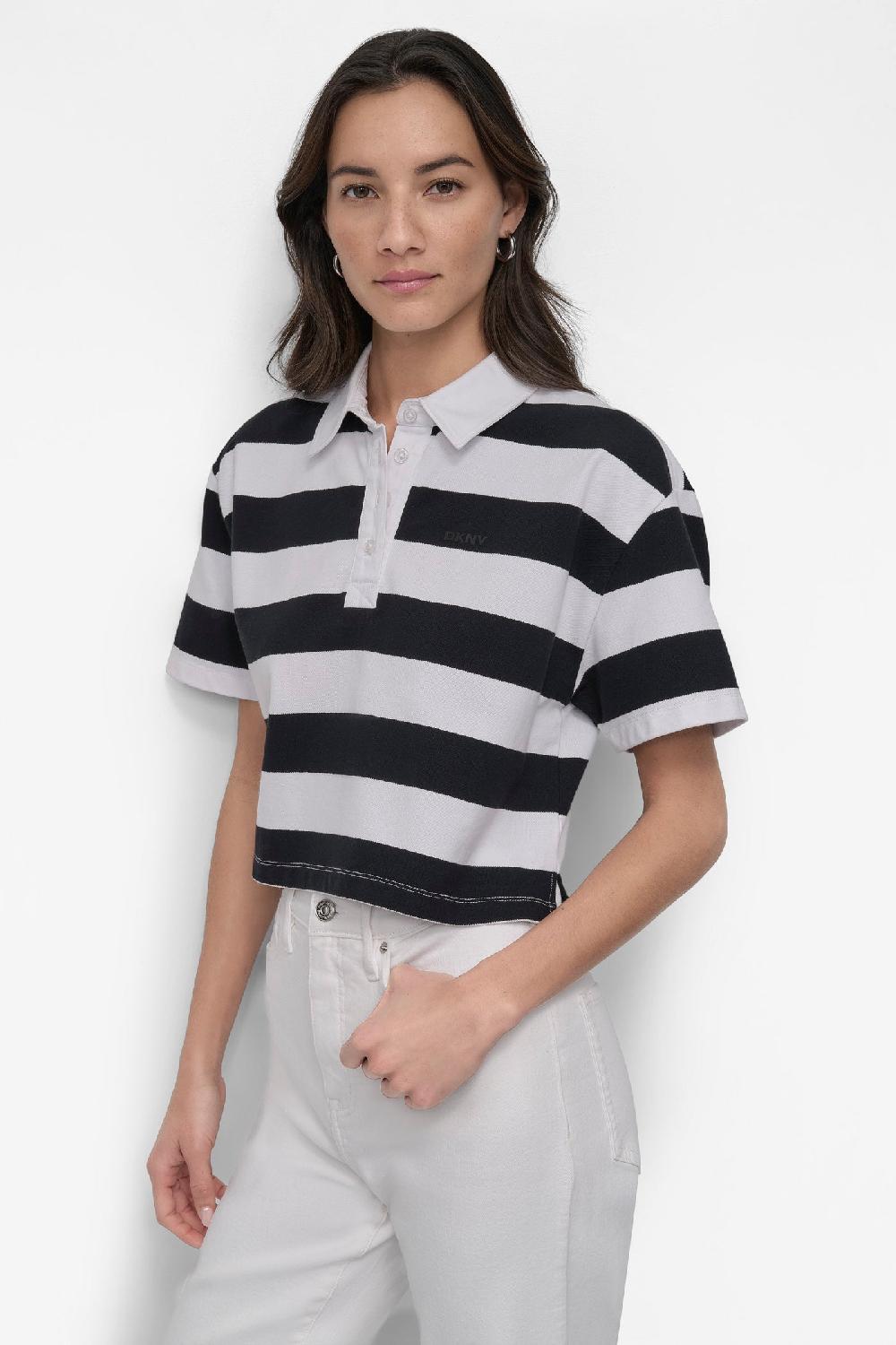 dkny RUGBY STRIPE BOXY POLO WITH WOVEN TWILL COLLAR WHITE/BLACK