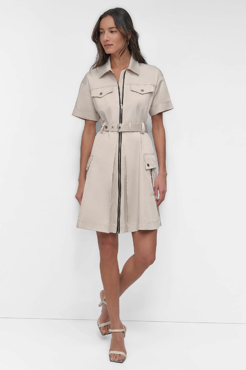 dkny SHIRT DRESS WITH FRONT ZIPPER LIGHT CITY KHAKI