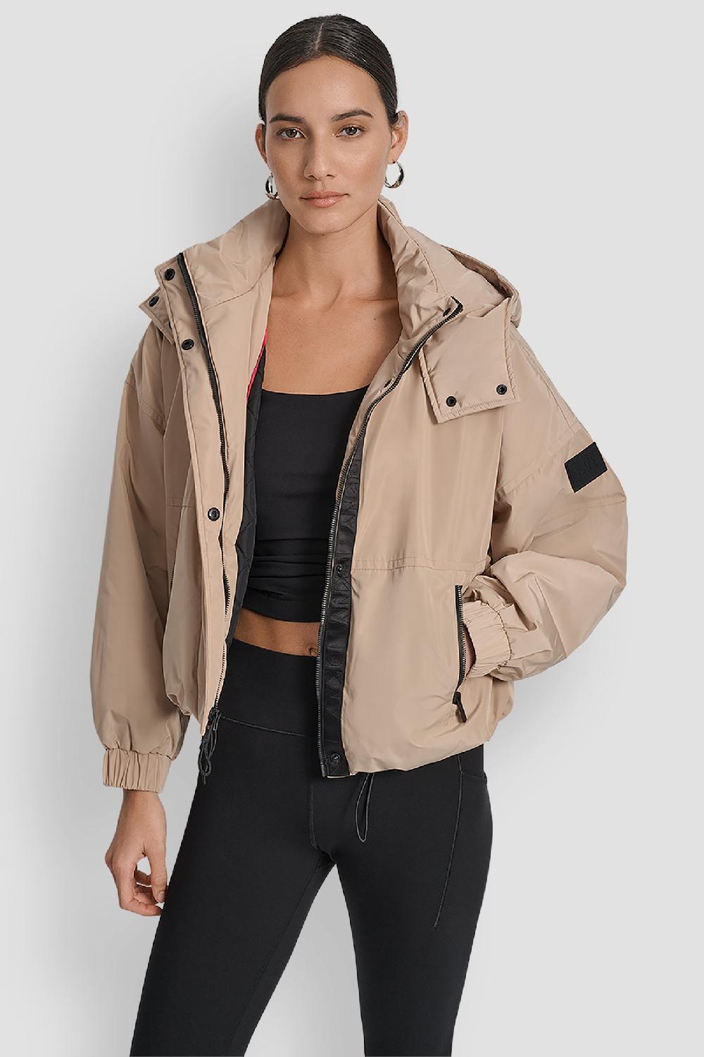 dkny SHORT LOGO EMBELLISHED HOODED JACKET TRAVERTINE/ AZALEA