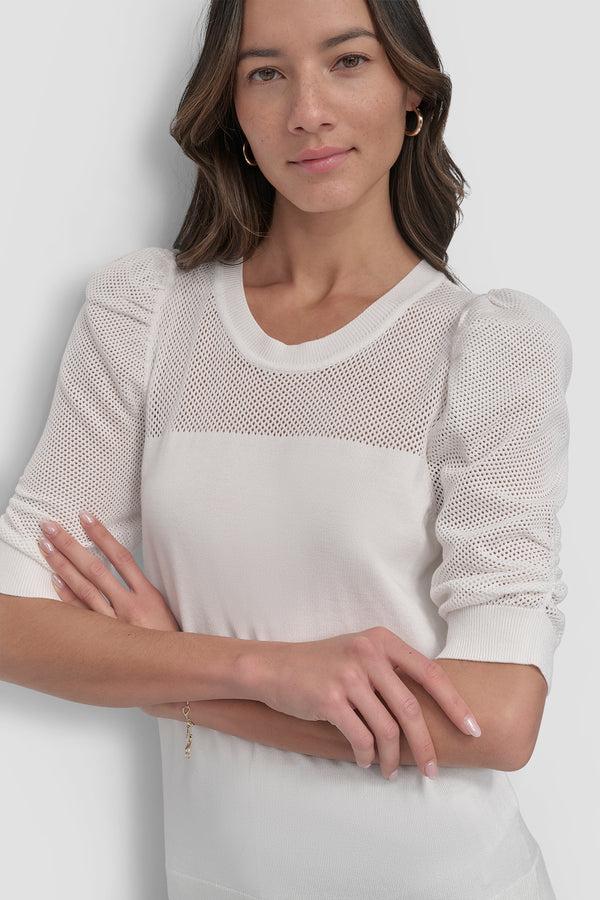 Dkny SHORT SLEEVE CREWNECK TWIST SLEEVE SWEATER IVORY