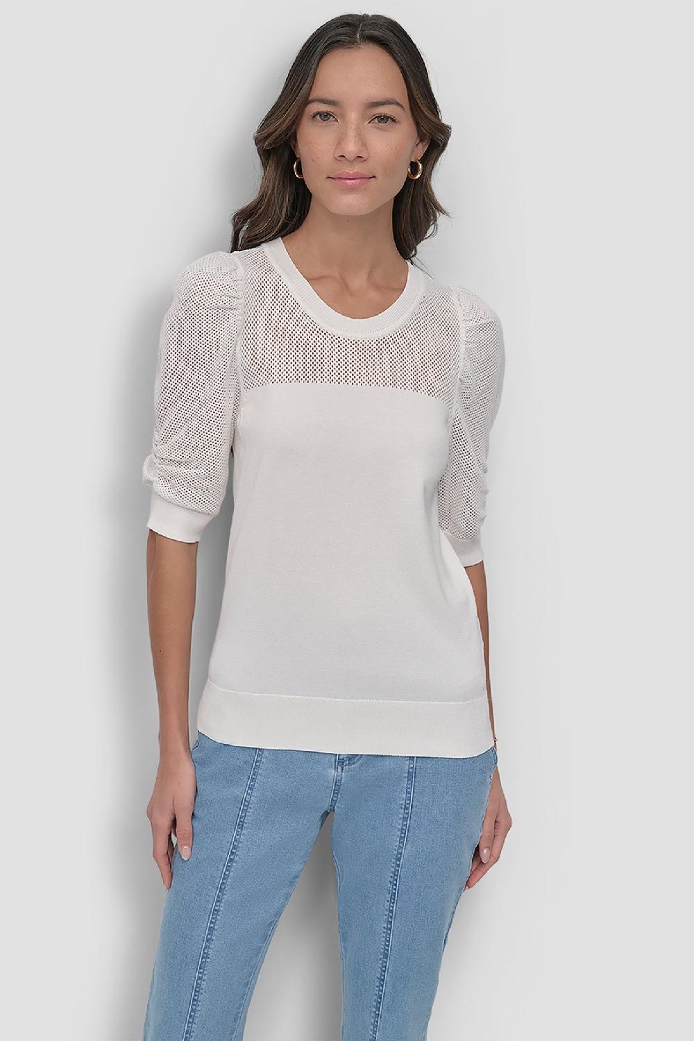 dkny SHORT SLEEVE CREWNECK TWIST SLEEVE SWEATER IVORY