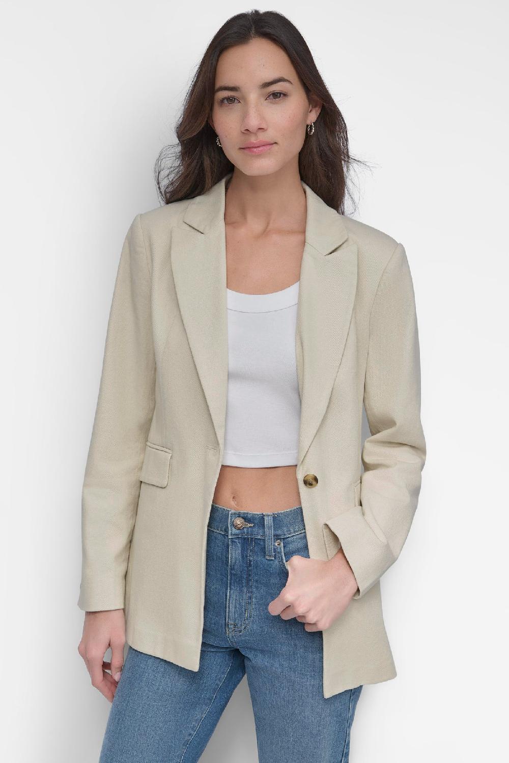 dkny SINGLE BUTTON BLAZER WITH CUT AWAY HEM LIGHT CITY KHAKI