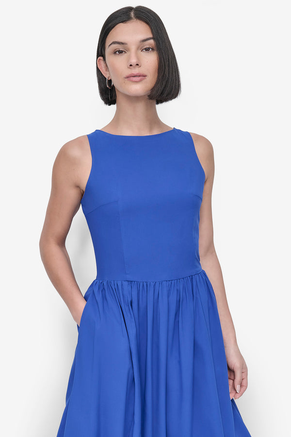 Dkny SLEEVELESS BOAT NECK DROP WAIST DRESS ATLANTIC BLUE