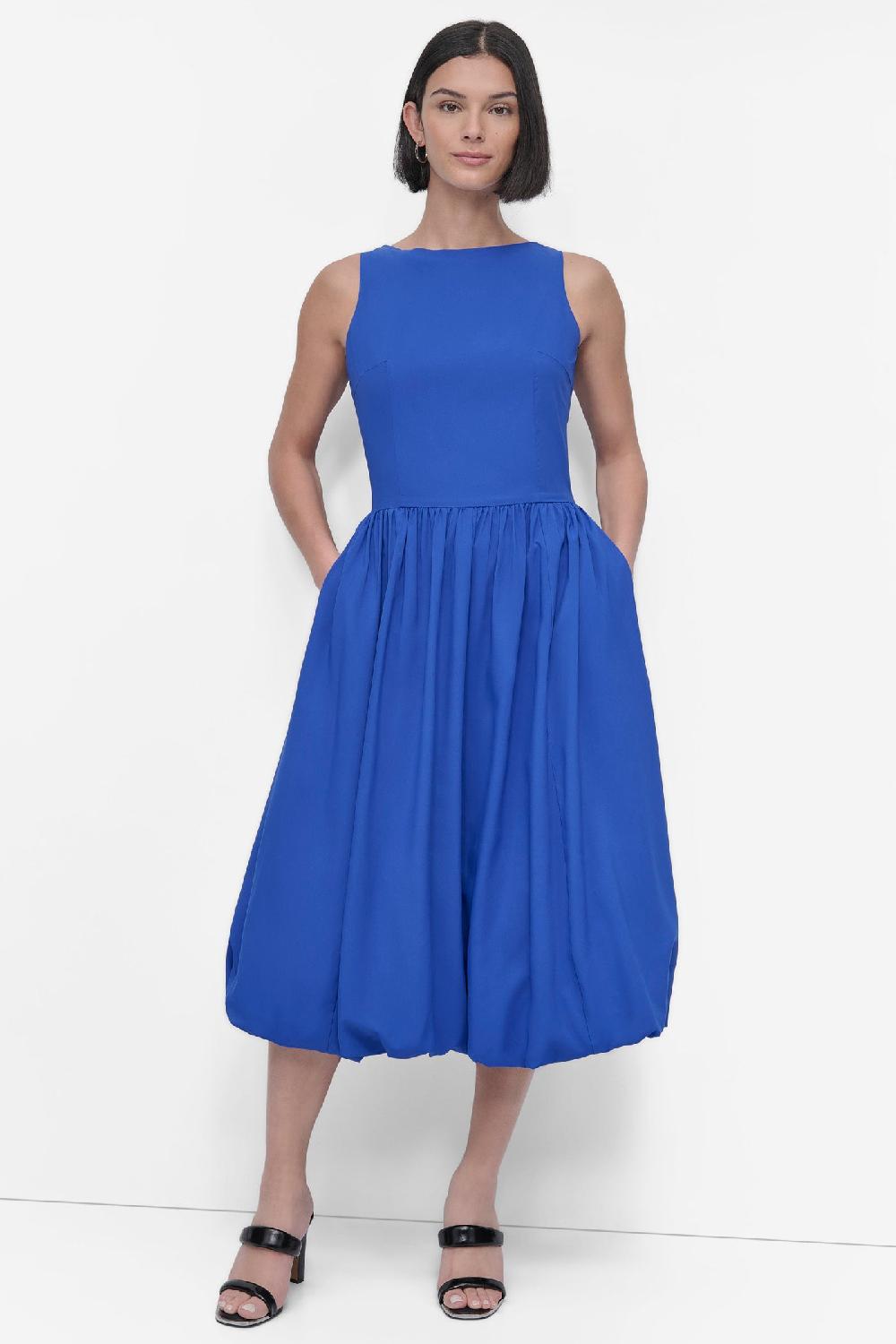 dkny SLEEVELESS BOAT NECK DROP WAIST DRESS ATLANTIC BLUE
