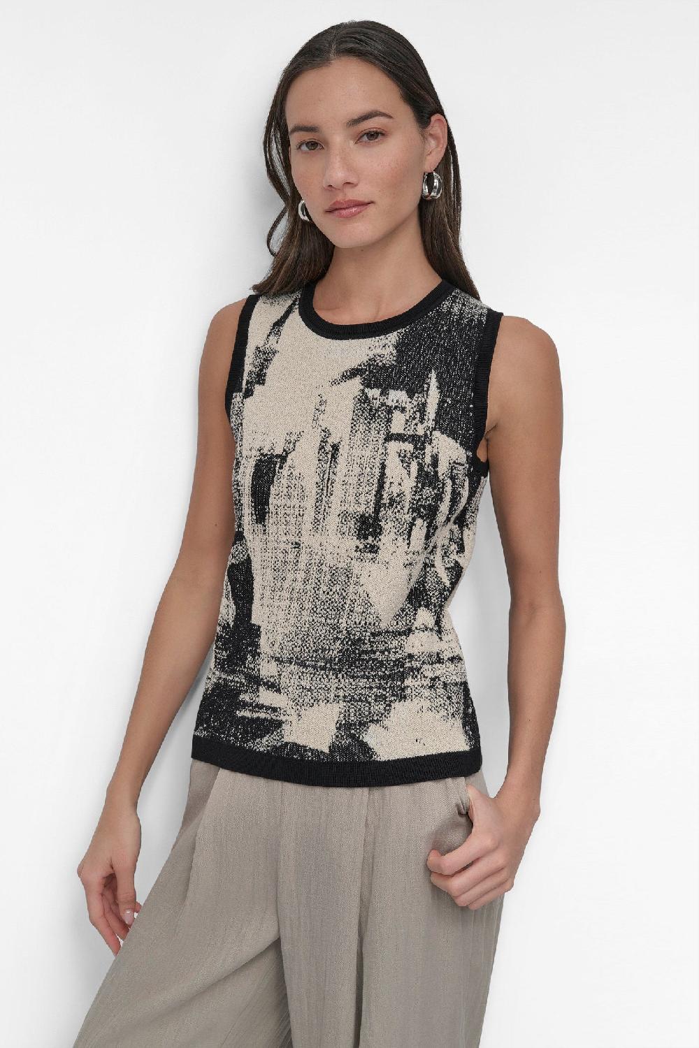 dkny SLEEVELESS BOUCLE PRINTED SWEATER COLLAGE BLACK