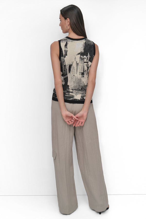 Dkny SLEEVELESS BOUCLE PRINTED SWEATER COLLAGE BLACK