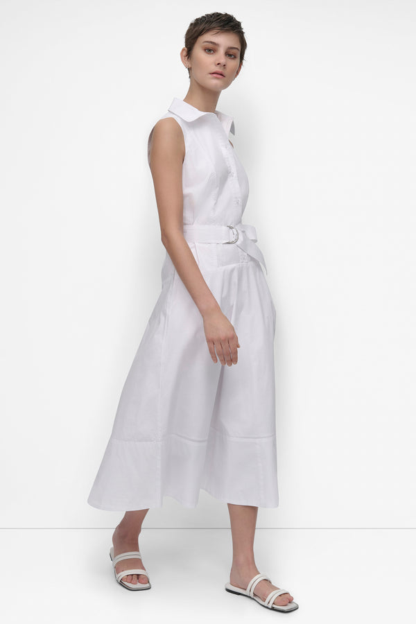 Dkny SLEEVELESS BUTTON FRONT POPLIN DRESS WITH SELF BELT White