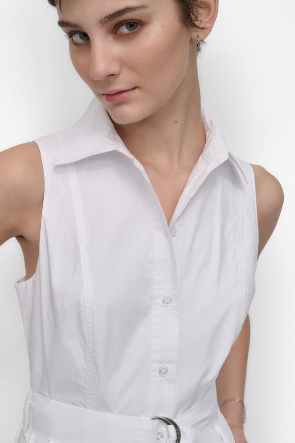 Dkny SLEEVELESS BUTTON FRONT POPLIN DRESS WITH SELF BELT White