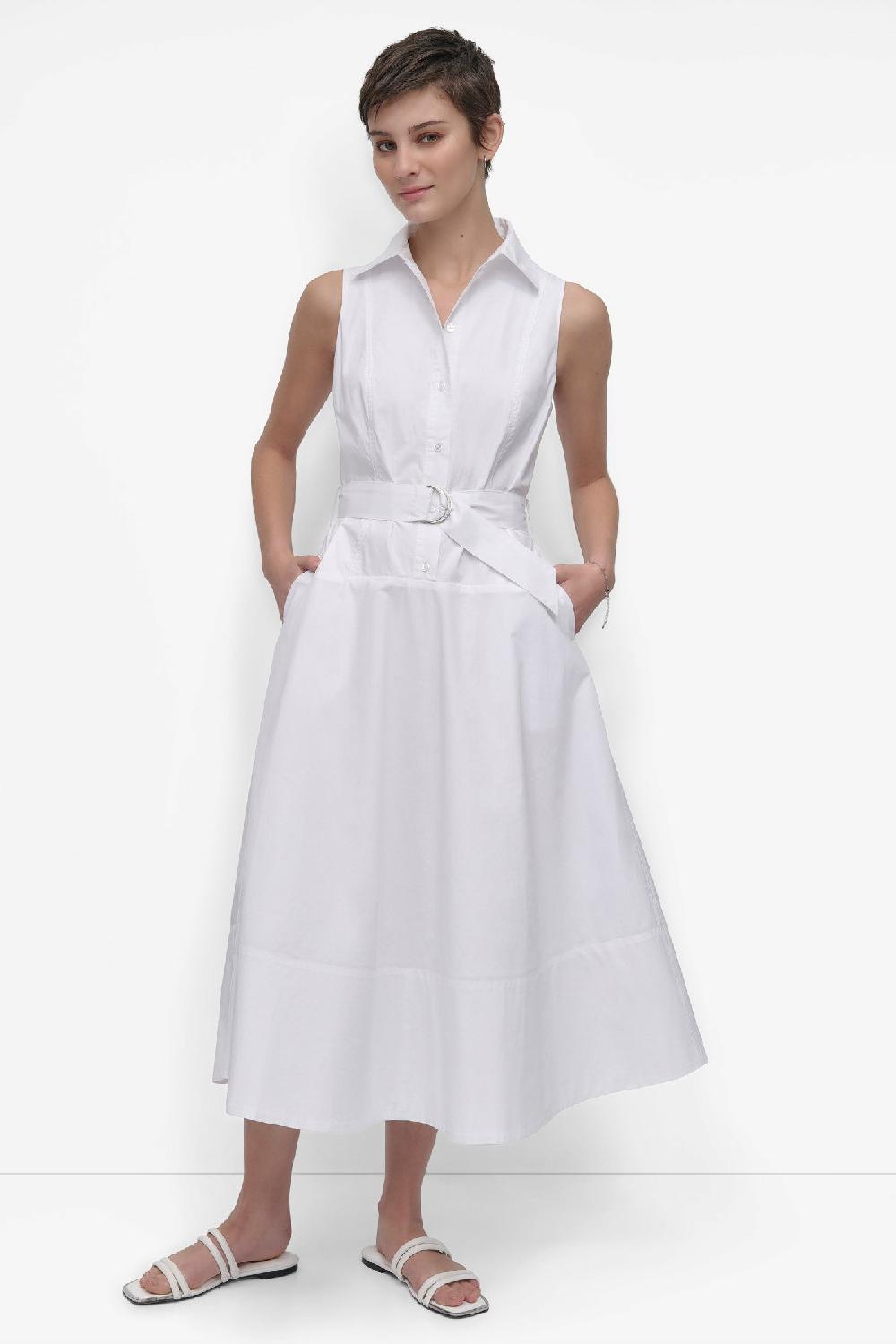 dkny SLEEVELESS BUTTON FRONT POPLIN DRESS WITH SELF BELT White
