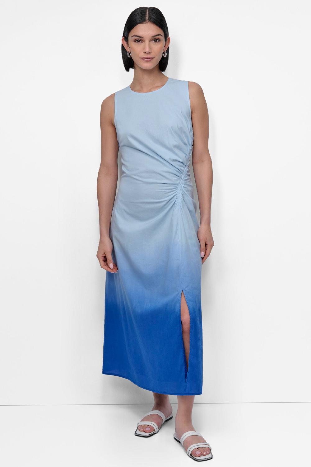 dkny SLEEVELESS PRINTED DIP DYE SIDE RUCHE DIP DYE CORNFLOWER