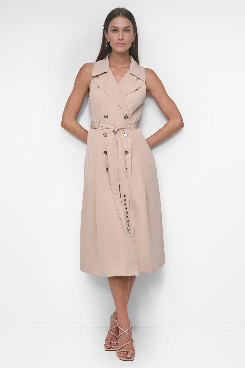 dkny SLEEVELESS TECH COTTON BELTED MIDI DRESS BLUSH