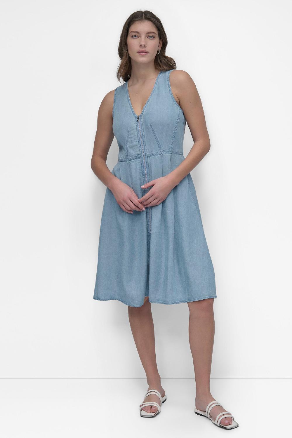 dkny SLEEVESS ZIP FRONT TENCEL DRESS LIGHT CHAMBRAY