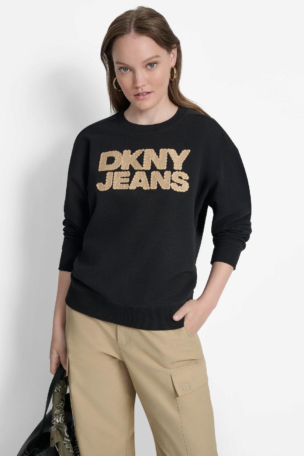 dkny STACKED BASKETWEAVE LOGO SWEATSHIRT BLACK/NATURAL