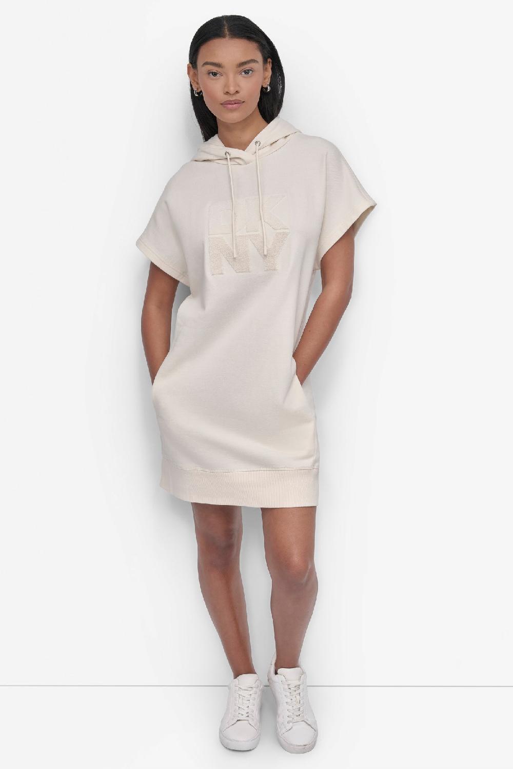 dkny STACKED PLUSH VELVET LOGO HOODED SNEAKER DRESS EGGNOG