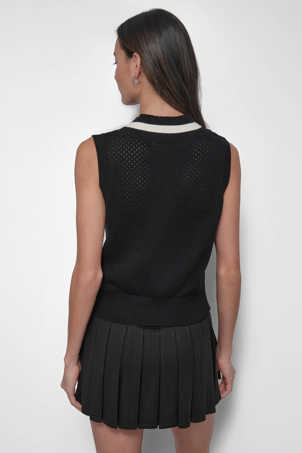 Dkny STRIPED MESH POINTELLE SWEATER VEST BLACK/IVORY