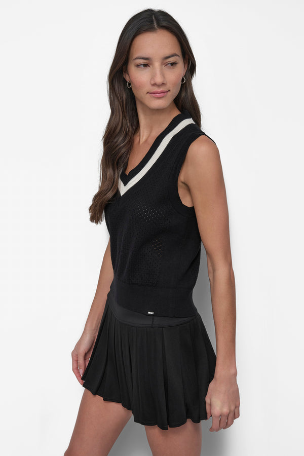 Dkny STRIPED MESH POINTELLE SWEATER VEST BLACK/IVORY