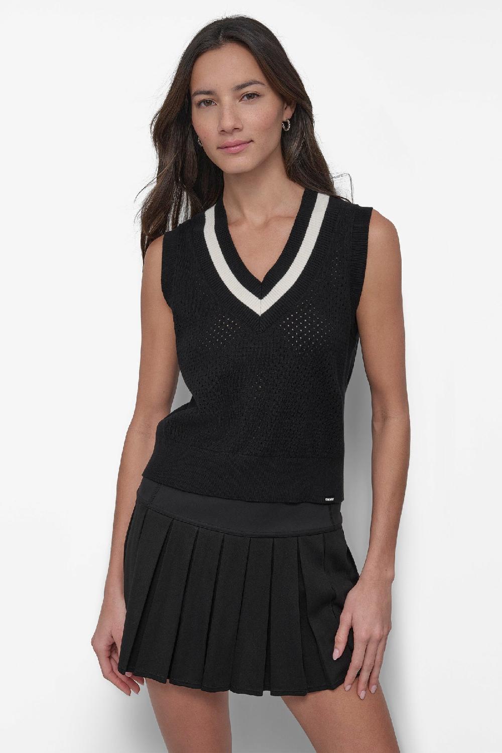 dkny STRIPED MESH POINTELLE SWEATER VEST BLACK/IVORY
