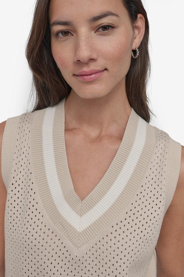Dkny STRIPED MESH POINTELLE SWEATER VEST LIGHT CITY KHAKI/IVORY