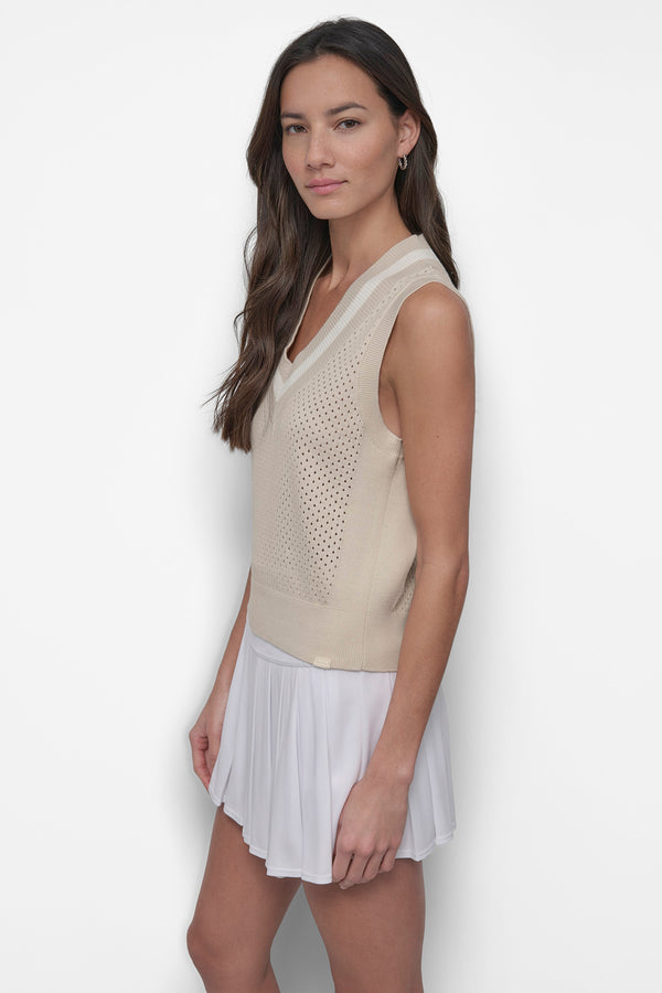 Dkny STRIPED MESH POINTELLE SWEATER VEST LIGHT CITY KHAKI/IVORY