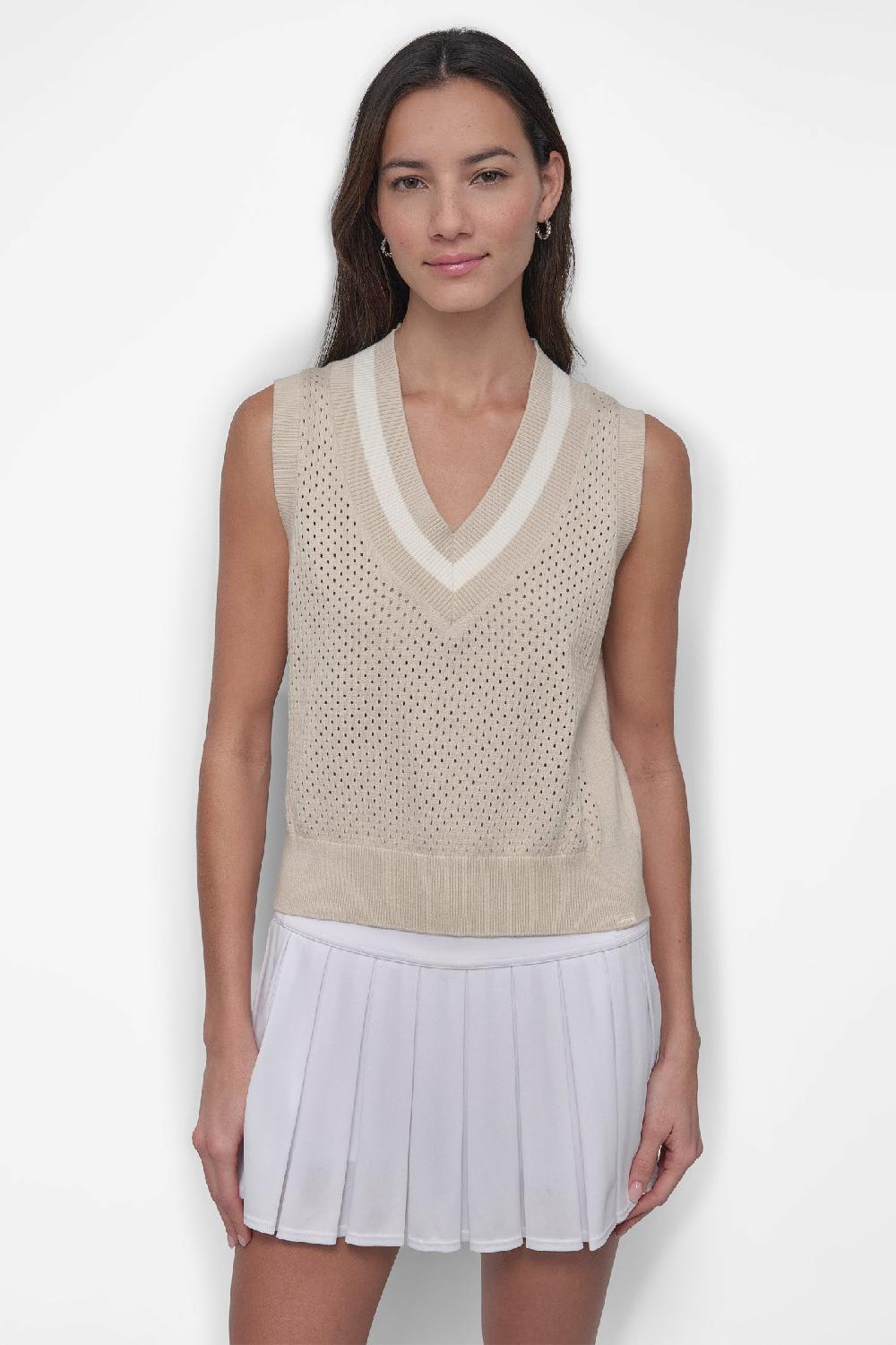 dkny STRIPED MESH POINTELLE SWEATER VEST LIGHT CITY KHAKI/IVORY