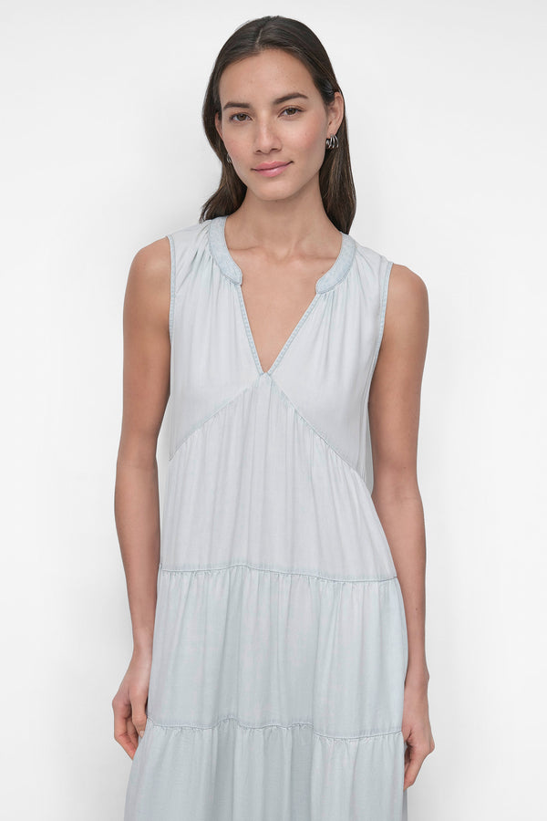 Dkny TENCEL TIERED MIDI SWING DRESS BLEACHED CHAMBRAY
