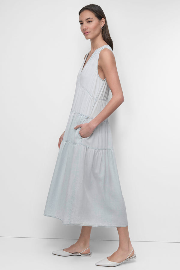 Dkny TENCEL TIERED MIDI SWING DRESS BLEACHED CHAMBRAY