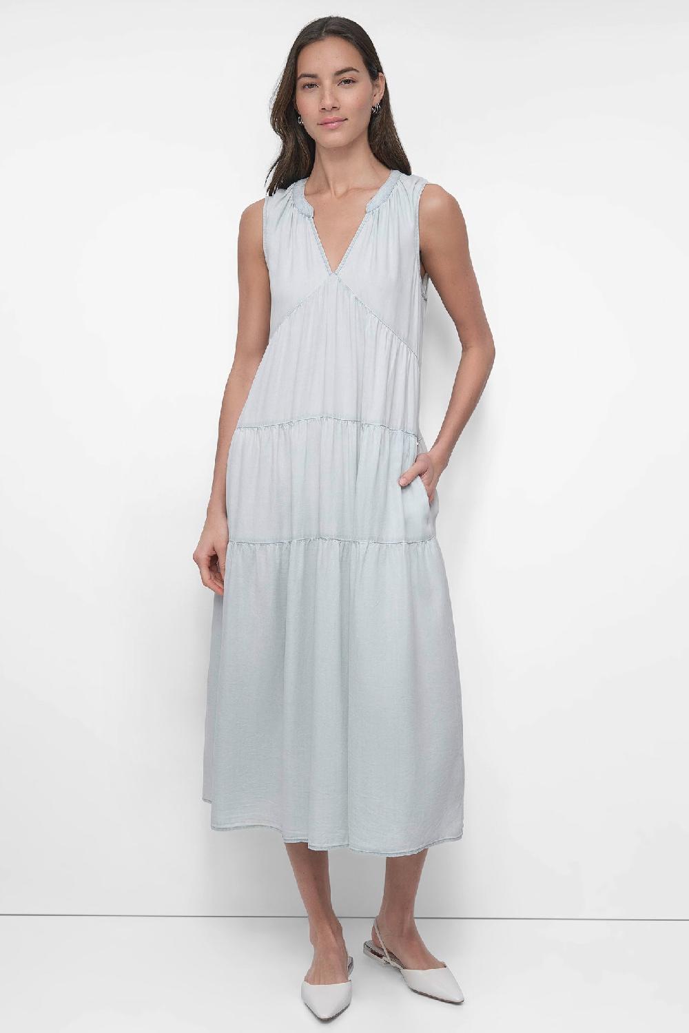 dkny TENCEL TIERED MIDI SWING DRESS BLEACHED CHAMBRAY