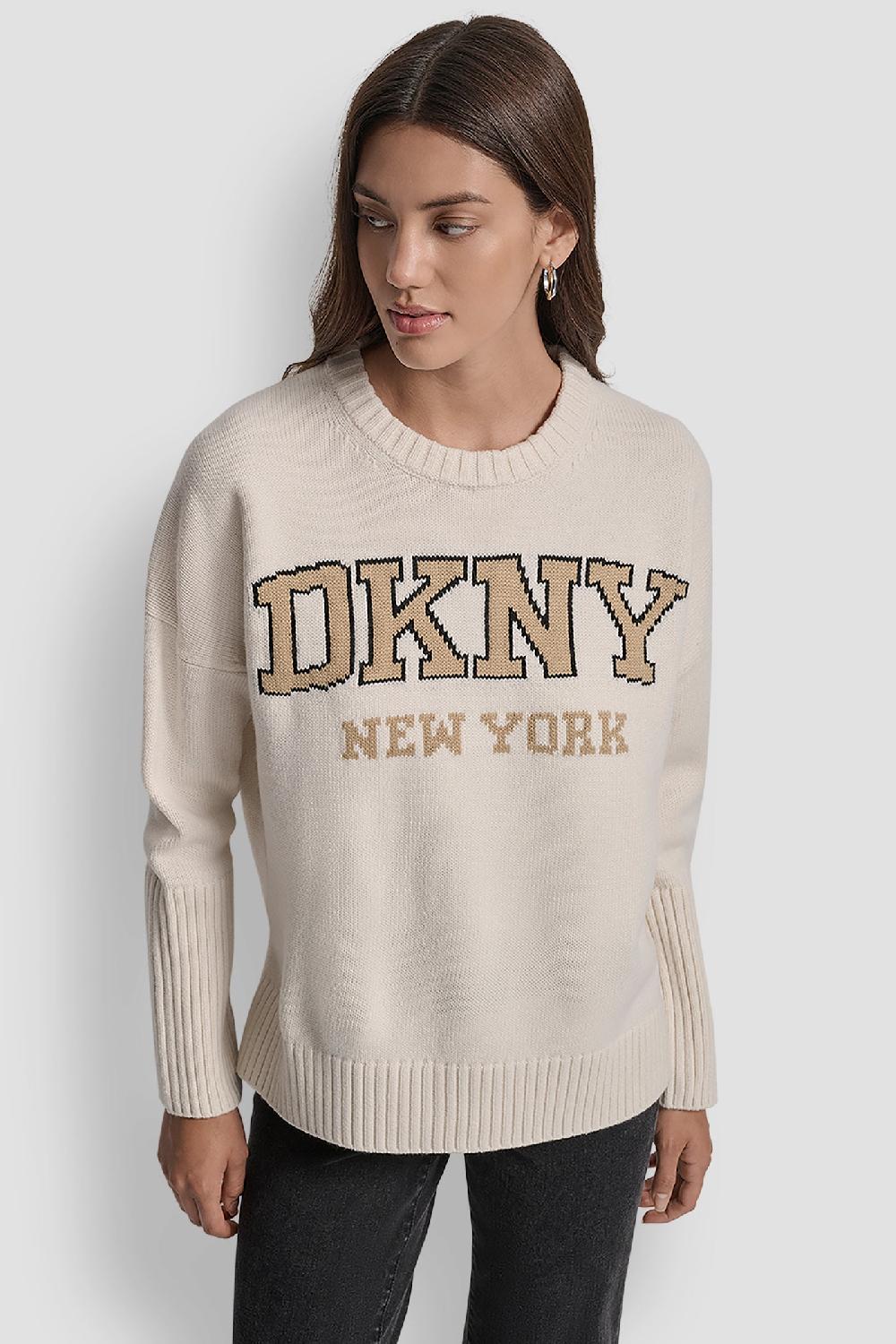 dkny VARSITY LOGO INTARSIA CREW NECK RELAXED SWEATER EGGNOG/TRAVERTINE/BLACK