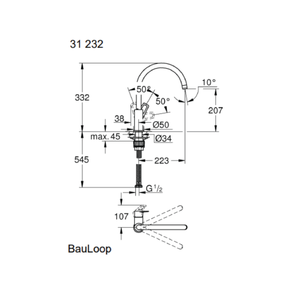Dmora 31232001 Grohe BAULOOP Single-Lever Sink Mixer 1/2″