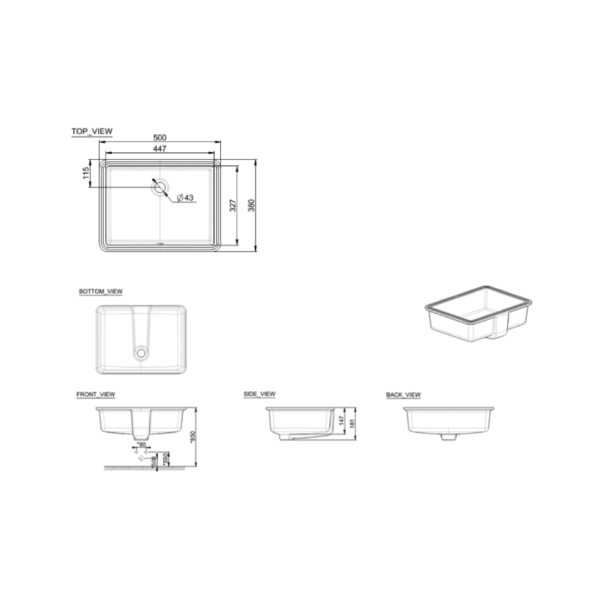 Dmora CCASF514-1000410F0 American Standard Flexio Thin Touch Square 500mm Undercounter Wash Basin