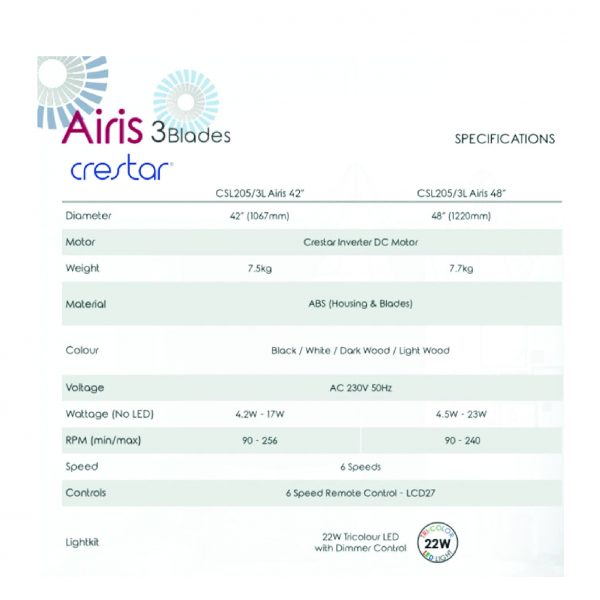Dmora Crestar Airis 42″/48″ Ceiling Fan – 3 Blades (LED Lightkit)
