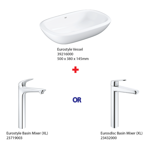 dmora ( Grohe Basin Bundle ) 39216000 Eurostyle Vessel Basin + 23719003 Eurostyle Basin Mixer or 23432000 Eurosdisc Basin Mixer
