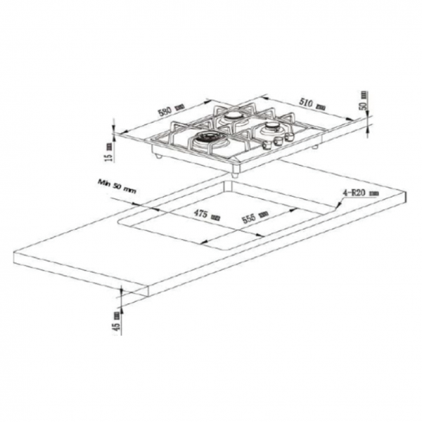 Dmora RB-63SSV-DR (DC) / RB-63SSV-AR (AC) 3 Burner Built-In Hob Stainless Steel Top Plate