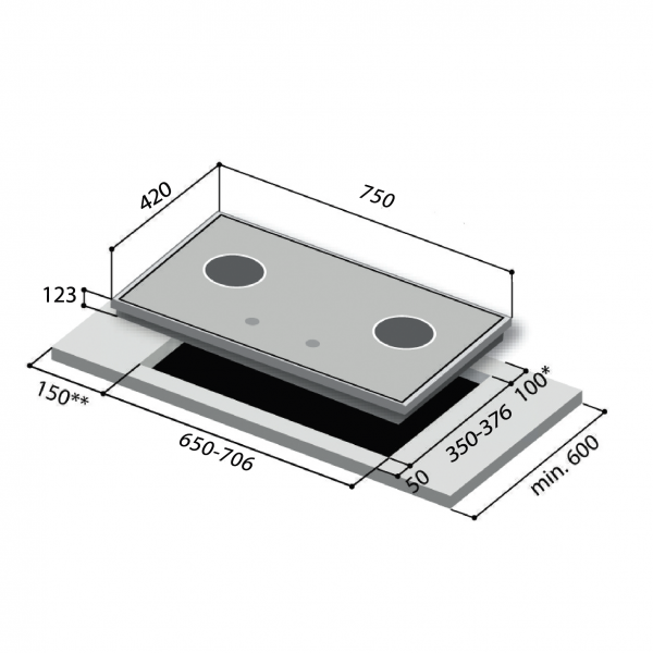 Dmora RB-7302S-GBS 2 Burner Built-In Hob Black Tempered Glass