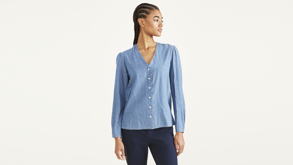 dockers Woven V-Neck Shirt Regular Fit Blue