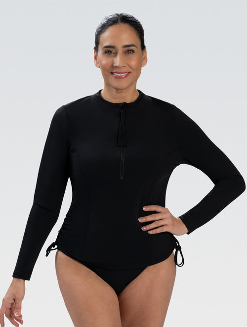 dolfin Women's Aquashape Black Side Ruched Rash Guard Style #3K10SLD-790