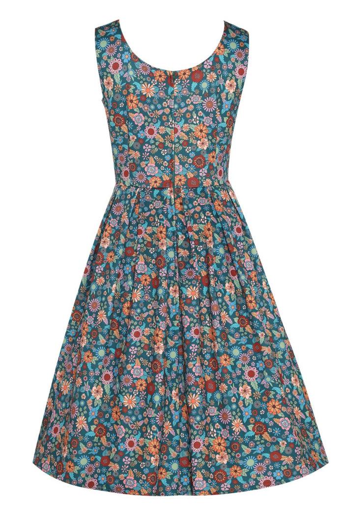 Dolly & Dotty Amanda 70s Floral Swing Dress In Peacock Blue