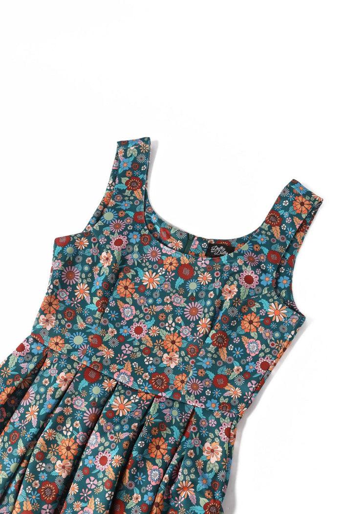 Dolly & Dotty Amanda 70s Floral Swing Dress In Peacock Blue