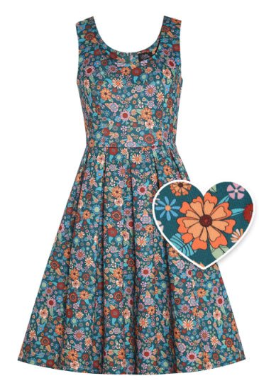 dolly & dotty Amanda 70s Floral Swing Dress In Peacock Blue